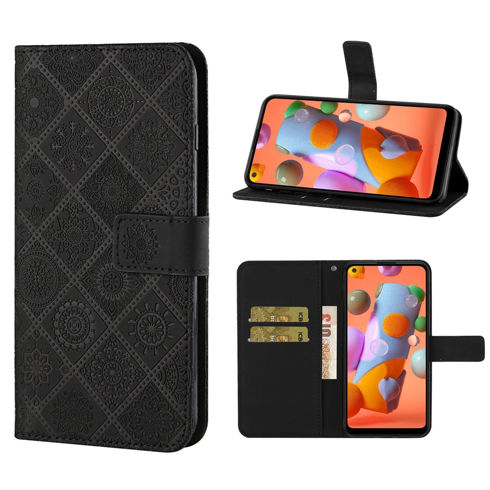 Imprint Ethnic Style Flower Wallet Leather Case for Samsung Galaxy A21s - Black-1