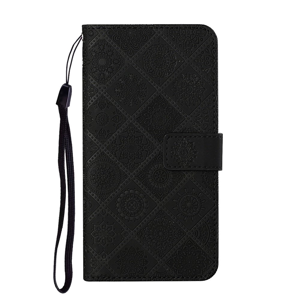 Custodia In Pelle Con Portafoglio Di Fiori In Stile Etnico In Stile Floreale Per Samsung Galaxy A21S - Nero