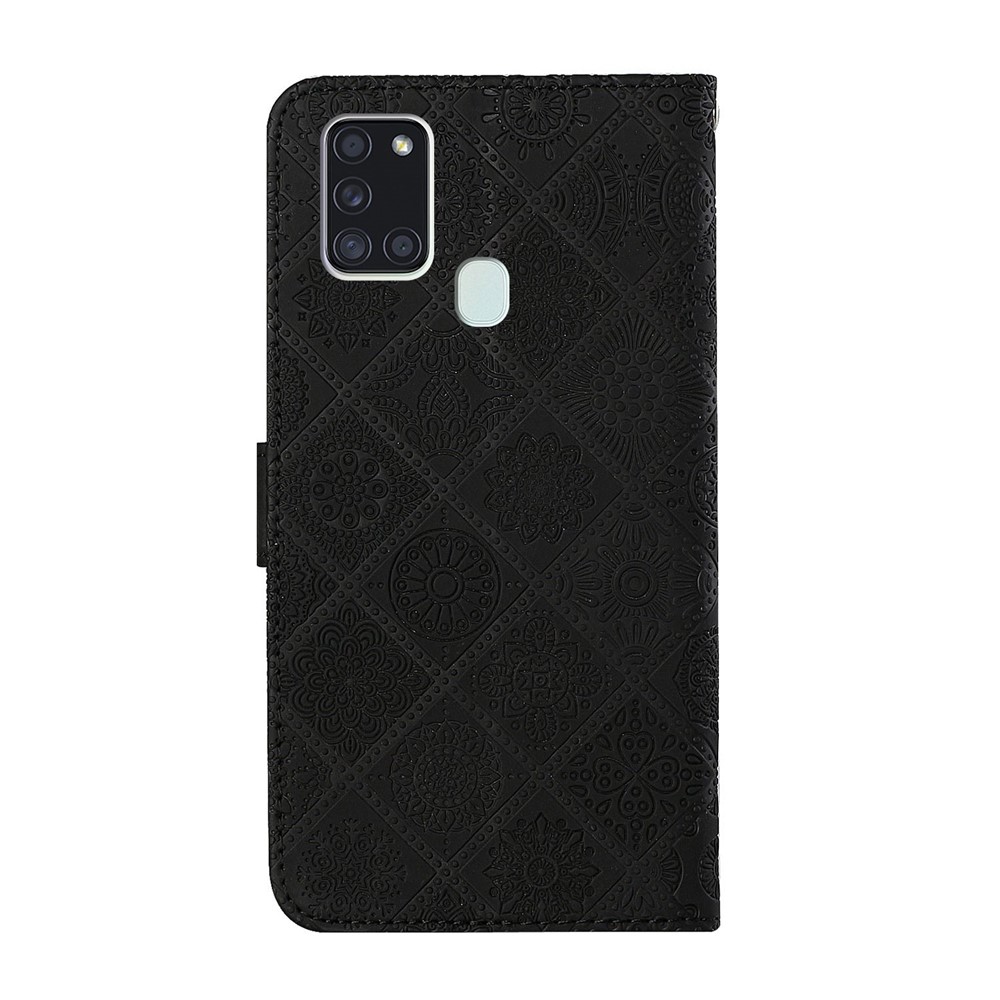 Étui En Cuir Portefeuille De Fleur De Style Ethnique D'impression Pour Samsung Galaxy A21S - Noir