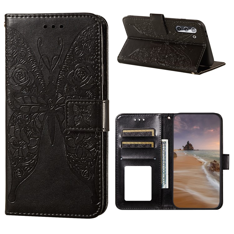 Leather Wallet Stand Case with Roses Butterfly Pattern Imprinting for Samsung Galaxy S21- Black-1