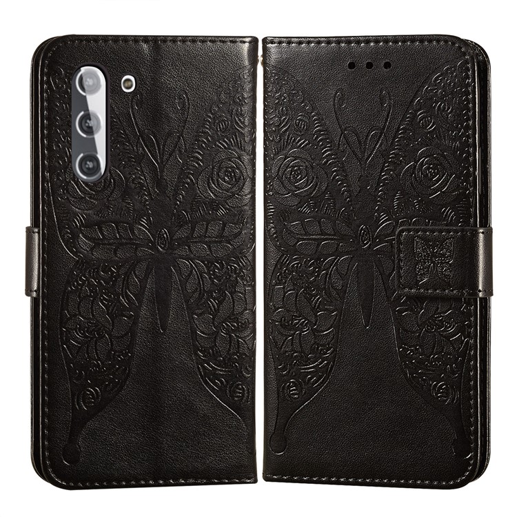 Leather Wallet Stand Case with Roses Butterfly Pattern Imprinting for Samsung Galaxy S21- Black-3