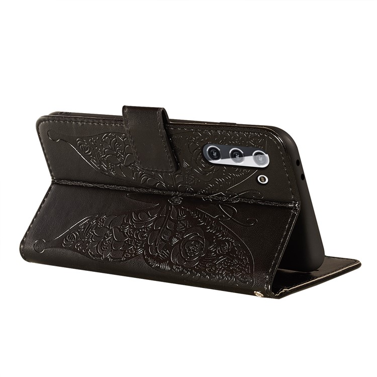 Leather Wallet Stand Case with Roses Butterfly Pattern Imprinting for Samsung Galaxy S21- Black-6