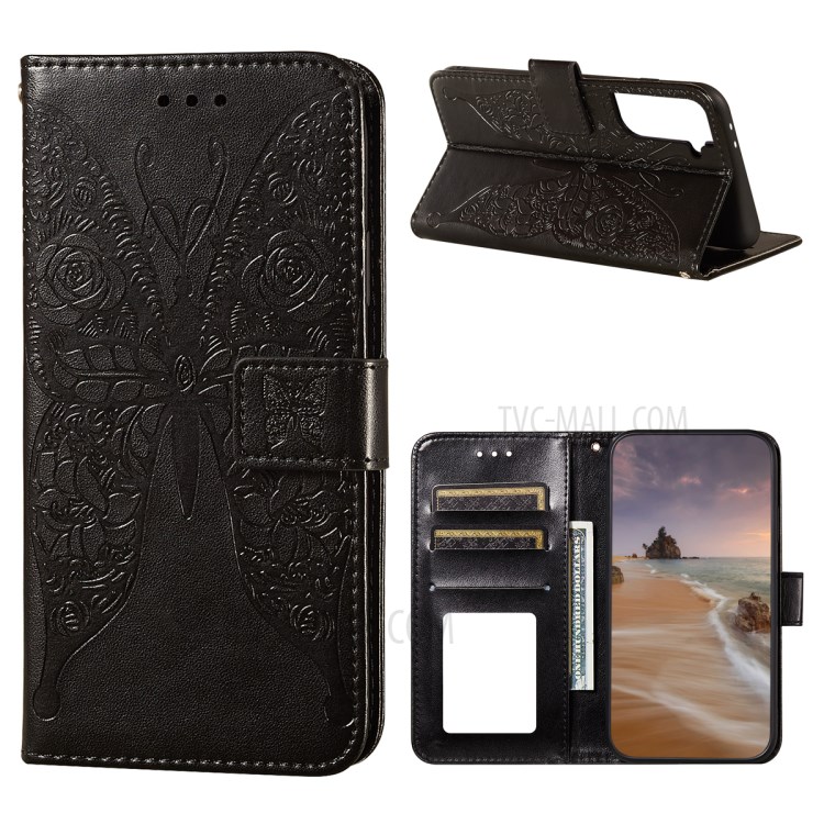 For Samsung Galaxy S21 Plus Imprinted Roses Butterfly Pattern Wallet Stand Leather Case with Strap - Black-1