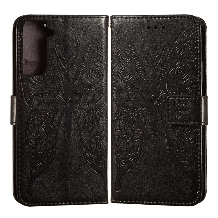 For Samsung Galaxy S21 Plus Imprinted Roses Butterfly Pattern Wallet Stand Leather Case with Strap - Black-3