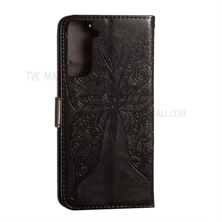 For Samsung Galaxy S21 Plus Imprinted Roses Butterfly Pattern Wallet Stand Leather Case with Strap - Black-4