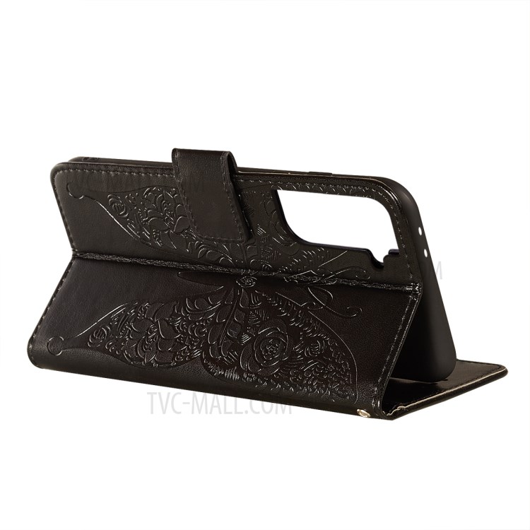 For Samsung Galaxy S21 Plus Imprinted Roses Butterfly Pattern Wallet Stand Leather Case with Strap - Black-6