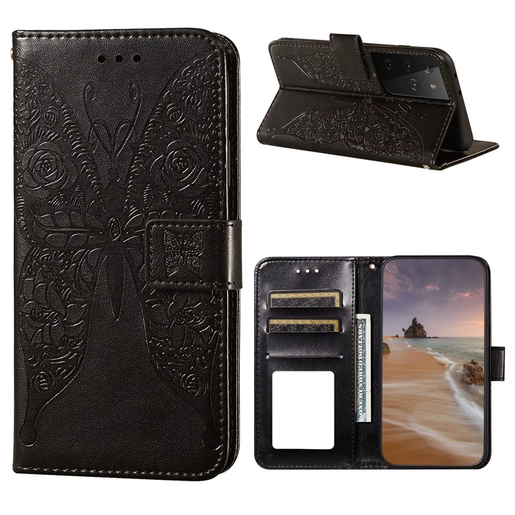 For Samsung Galaxy S21 Ultra Roses Butterfly Imprinting Pattern Leather Wallet Stand Case - Black-1