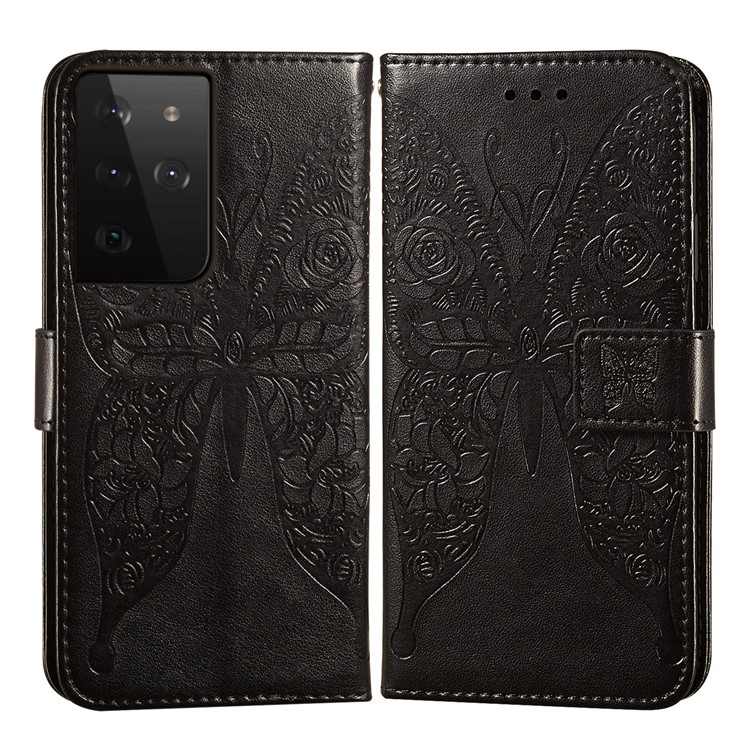 For Samsung Galaxy S21 Ultra Roses Butterfly Imprinting Pattern Leather Wallet Stand Case - Black-3