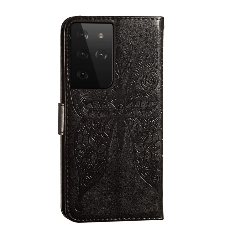 For Samsung Galaxy S21 Ultra Roses Butterfly Imprinting Pattern Leather Wallet Stand Case - Black-4