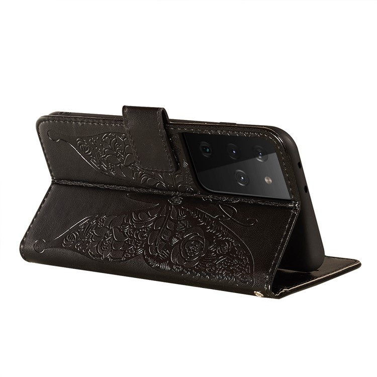 For Samsung Galaxy S21 Ultra Roses Butterfly Imprinting Pattern Leather Wallet Stand Case - Black-6