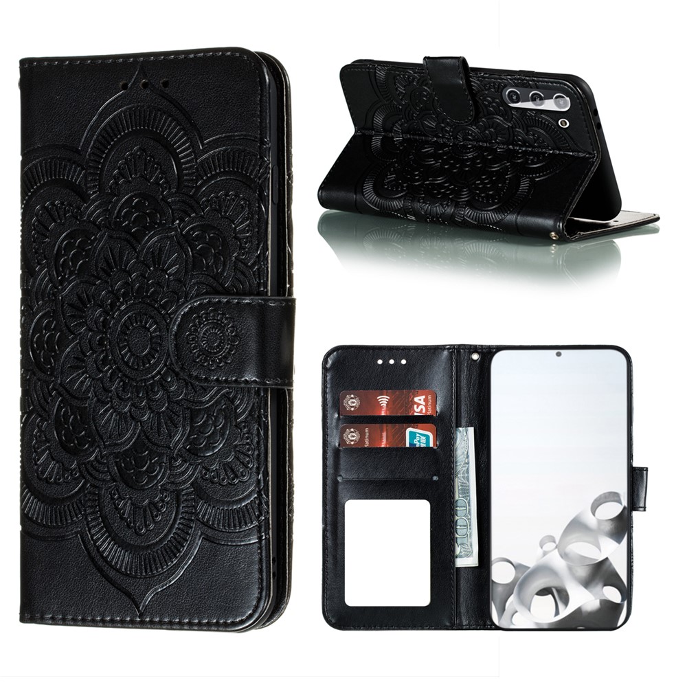 Imprint Mandala Flower Leather Phone Cover for Samsung Galaxy S21 Stand Case - Black-1
