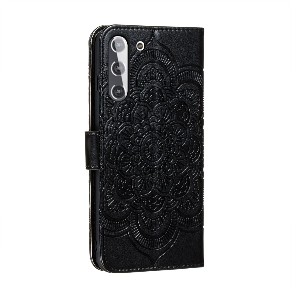 Imprint Mandala Flower Leather Phone Cover for Samsung Galaxy S21 Stand Case - Black-3