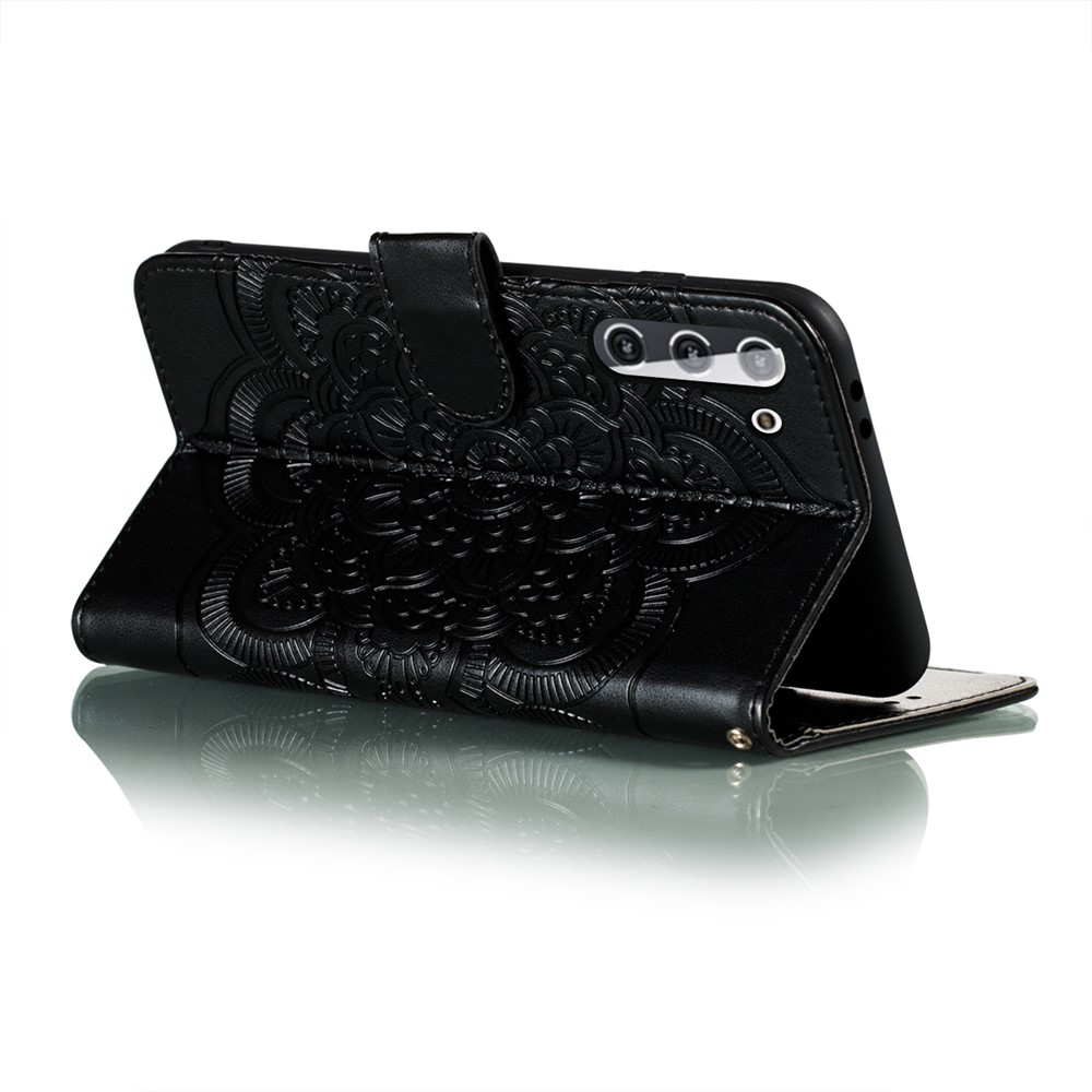 Imprint Mandala Flower Leather Phone Cover for Samsung Galaxy S21 Stand Case - Black-5