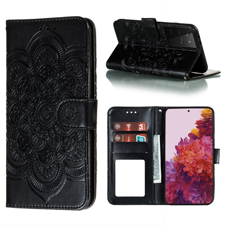 Imprint Mandala Flower Wallet Leather Cover for Samsung Galaxy S21 Ultra Stand Case - Black-1