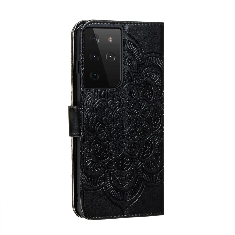 Imprint Mandala Flower Wallet Leather Cover for Samsung Galaxy S21 Ultra Stand Case - Black-3