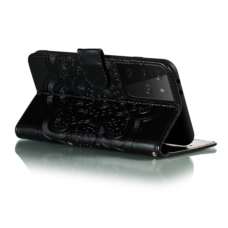 Imprint Mandala Flower Wallet Leather Cover for Samsung Galaxy S21 Ultra Stand Case - Black-5