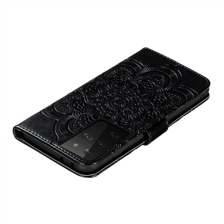 Imprint Mandala Flower Wallet Leather Cover for Samsung Galaxy S21 Ultra Stand Case - Black-8