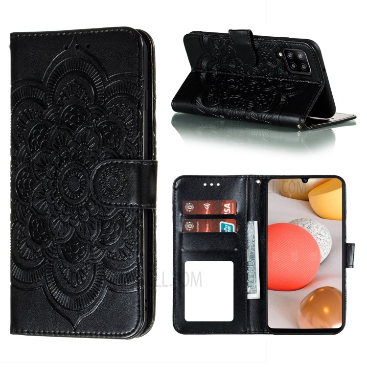 Imprint Mandala Flower Wallet Leather Cover for Samsung Galaxy A42 5G Stand Shell - Black-1