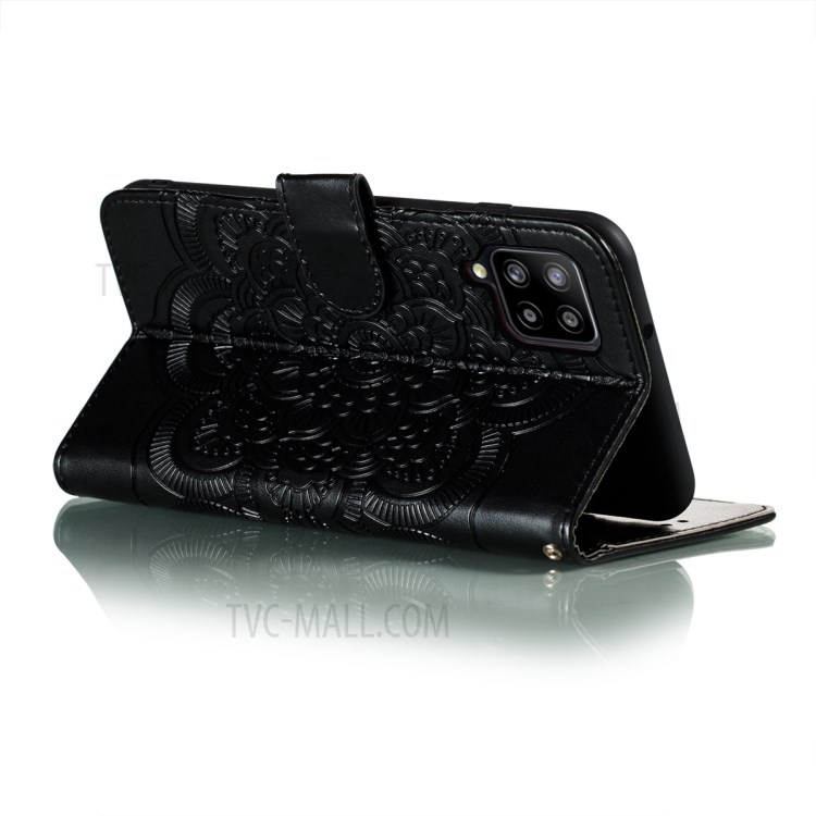 Imprint Mandala Flower Wallet Leather Cover for Samsung Galaxy A42 5G Stand Shell - Black-5