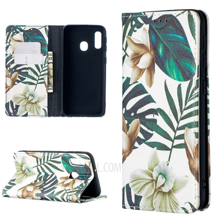 Pattern Printing Auto-absorbed PU Leather Stand Case for Samsung Galaxy A10e/A20e - Leaves-1