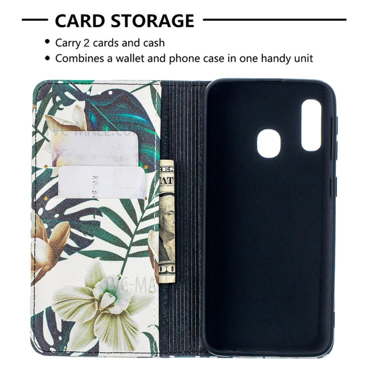 Pattern Printing Auto-absorbed PU Leather Stand Case for Samsung Galaxy A10e/A20e - Leaves-7