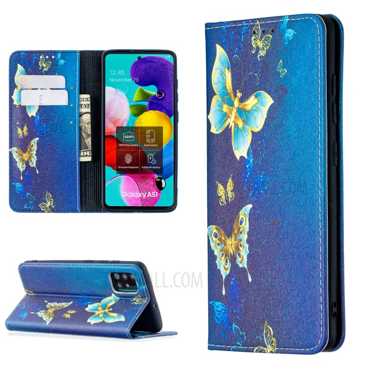 Pattern Printing PU Leather Auto-absorbed Case with Stand for Samsung Galaxy A51 SM-A515 - Gold Butterflies-1