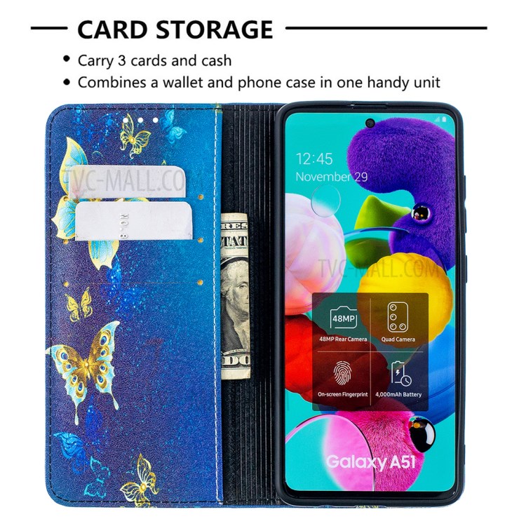 Pattern Printing PU Leather Auto-absorbed Case with Stand for Samsung Galaxy A51 SM-A515 - Gold Butterflies-7