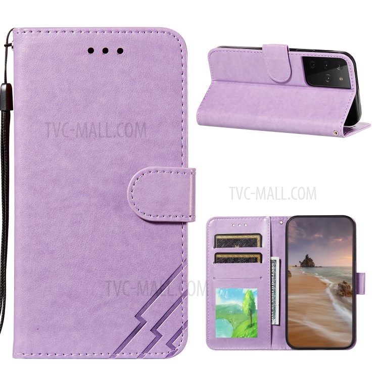 Wallet Stand Imprint Leather Phone Cover Case for Samsung Galaxy S21 Ultra - Purple-1