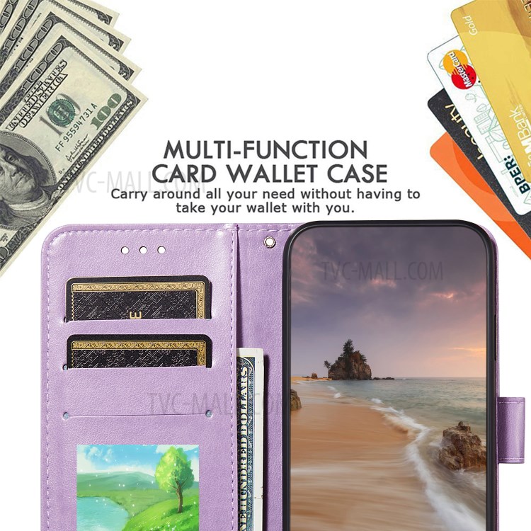 Wallet Stand Imprint Leather Phone Cover Case for Samsung Galaxy S21 Ultra - Purple-10