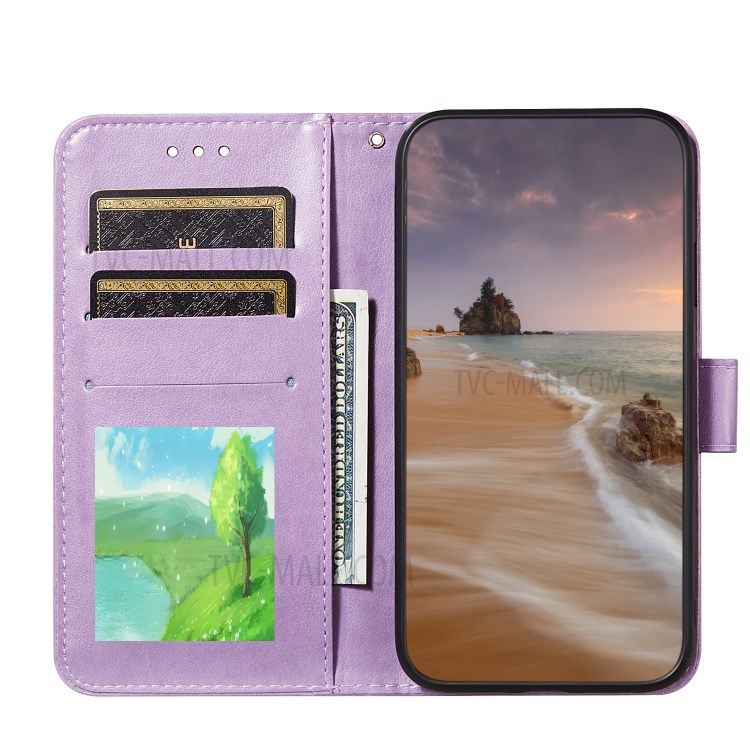 Wallet Stand Imprint Leather Phone Cover Case for Samsung Galaxy S21 Ultra - Purple-4