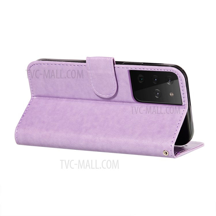 Wallet Stand Imprint Leather Phone Cover Case for Samsung Galaxy S21 Ultra - Purple-6