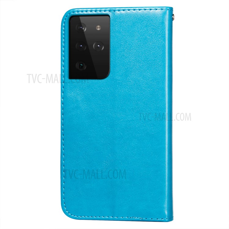 Wallet Stand Imprint Leather Phone Cover Case for Samsung Galaxy S21 Ultra - Blue-3