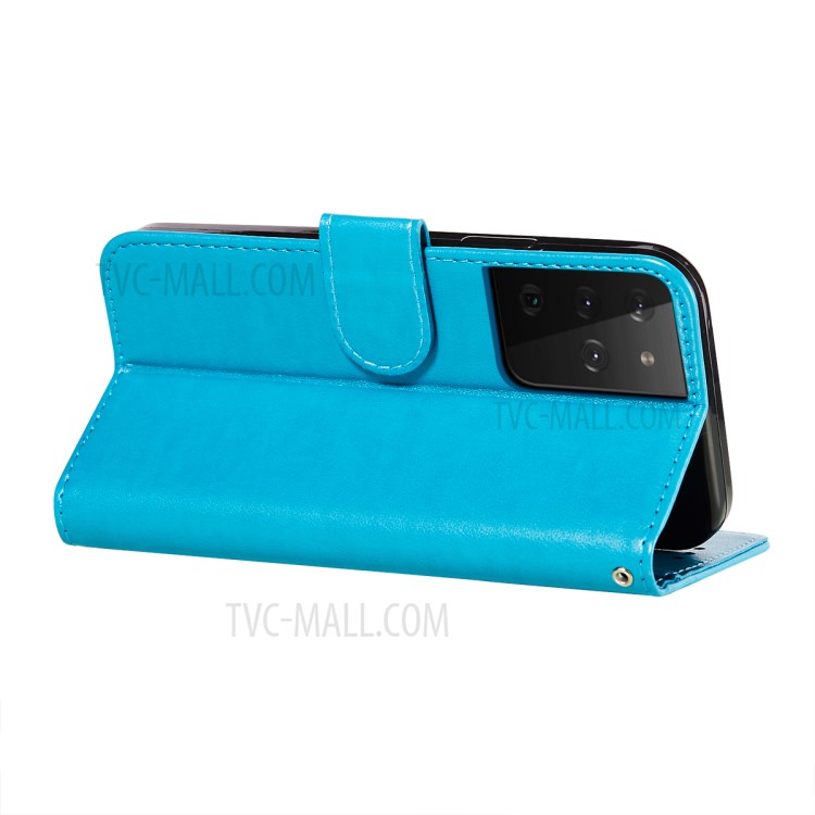 Wallet Stand Imprint Leather Phone Cover Case for Samsung Galaxy S21 Ultra - Blue-6