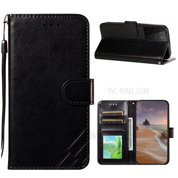 Wallet Stand Imprint Leather Phone Cover Case for Samsung Galaxy S21 Ultra - Black-1