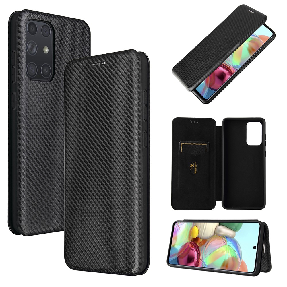 Carbon Fiber Leather Card Holder for Samsung Galaxy A72 5G Auto-absorbed Cover Case - Black-1