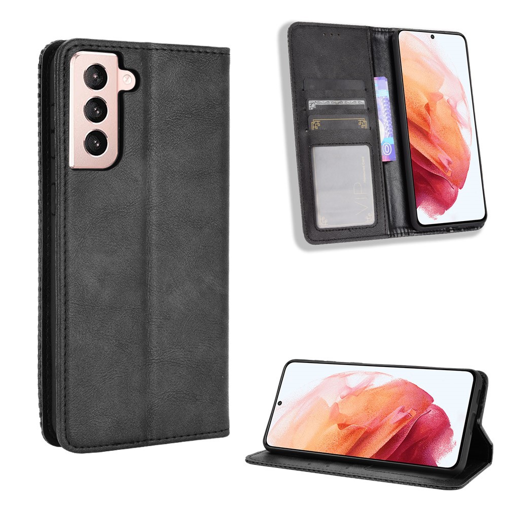 Auto-absorbed Retro Style Wallet Stand Leather Phone Case for Samsung Galaxy S21+ - Black-1