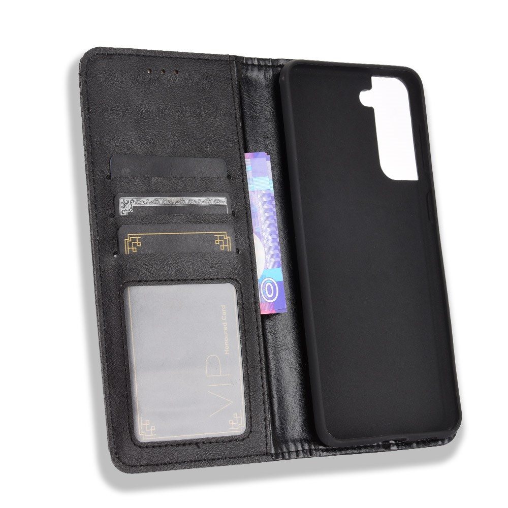 Auto-absorbed Retro Style Wallet Stand Leather Phone Case for Samsung Galaxy S21+ - Black-6