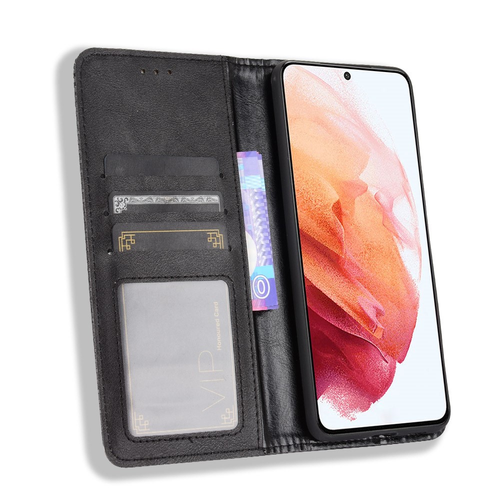 Auto-absorbed Retro Style Wallet Stand Leather Phone Case for Samsung Galaxy S21+ - Black-7