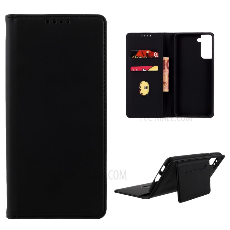 Strong Magnet Liquid-Silicone-Feeling Leather Wallet Case for Samsung Galaxy S21 Plus - Black-1