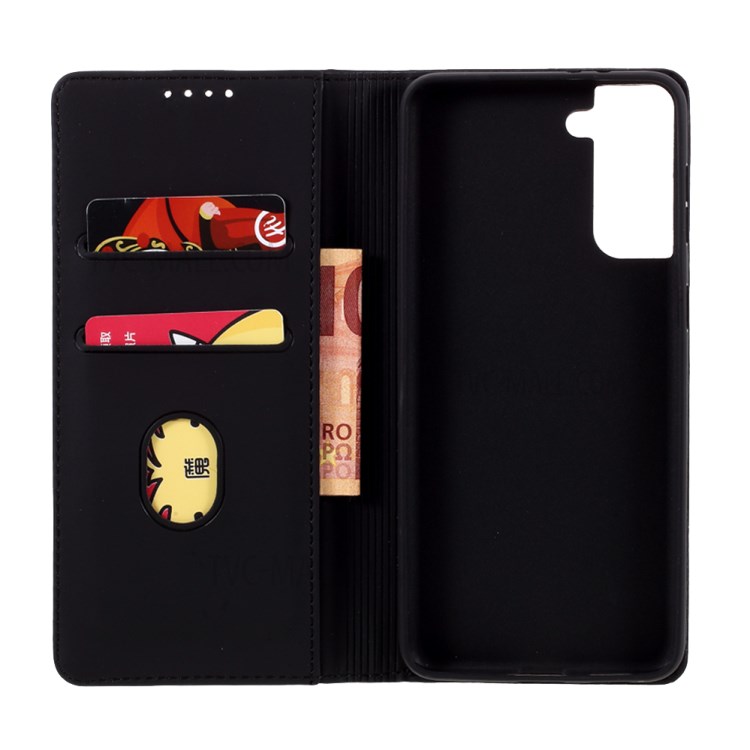 Strong Magnet Liquid-Silicone-Feeling Leather Wallet Case for Samsung Galaxy S21 Plus - Black-9