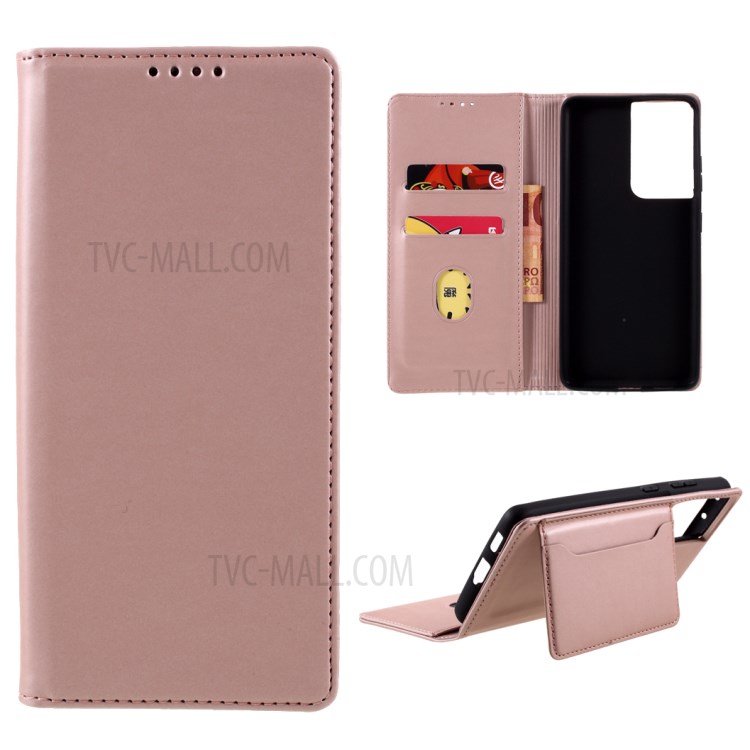 Auto-absorbed Liquid Silicone Feel Leather Wallet Case for Samsung Galaxy S21 Ultra - Rose Gold-1