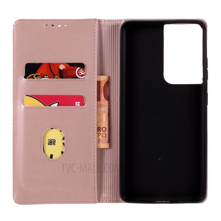 Auto-absorbed Liquid Silicone Feel Leather Wallet Case for Samsung Galaxy S21 Ultra - Rose Gold-8