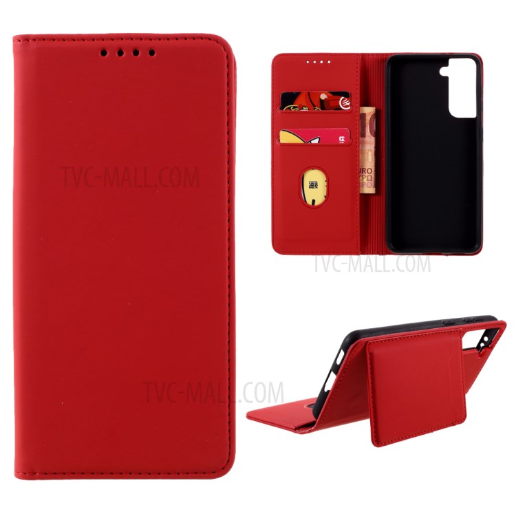 Auto-absorbed Liquid Silicone Feel Leather Wallet Case for Samsung Galaxy S21 - Red-1