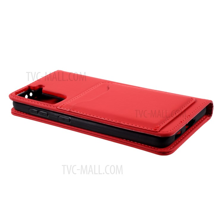 Auto-absorbed Liquid Silicone Feel Leather Wallet Case for Samsung Galaxy S21 - Red-6