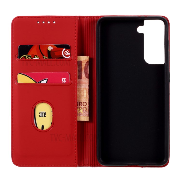 Auto-absorbed Liquid Silicone Feel Leather Wallet Case for Samsung Galaxy S21 - Red-7