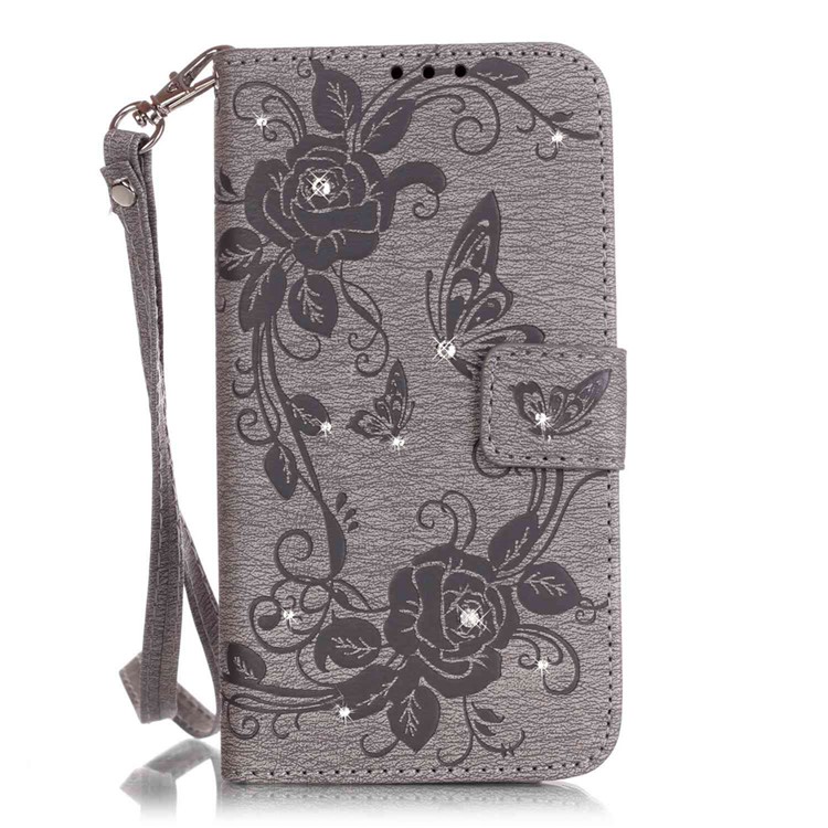 

Butterfly Flower Rhinestone Leather Cover for Samsung Galaxy Grand Prime G530 - Grey