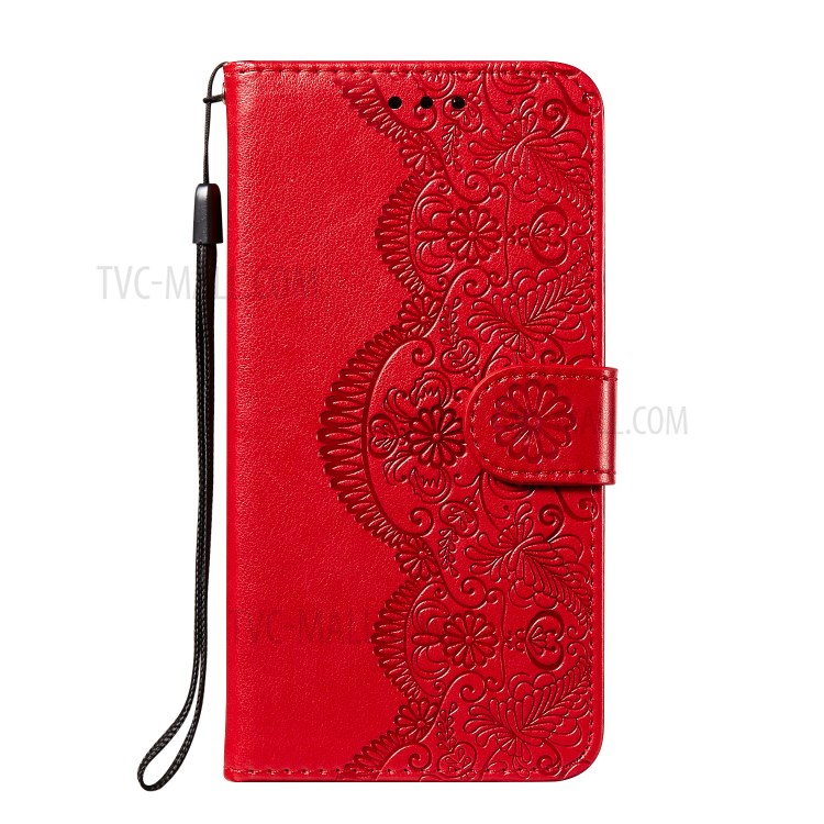 Drop-proof Imprinted Flower Vine Wallet Leather Case with Lanyard for Samsung Galaxy S20 FE/S20 FE 5G - Red-2