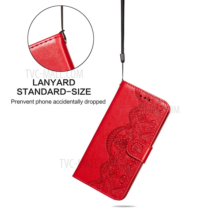 Drop-proof Imprinted Flower Vine Wallet Leather Case with Lanyard for Samsung Galaxy S20 FE/S20 FE 5G - Red-7