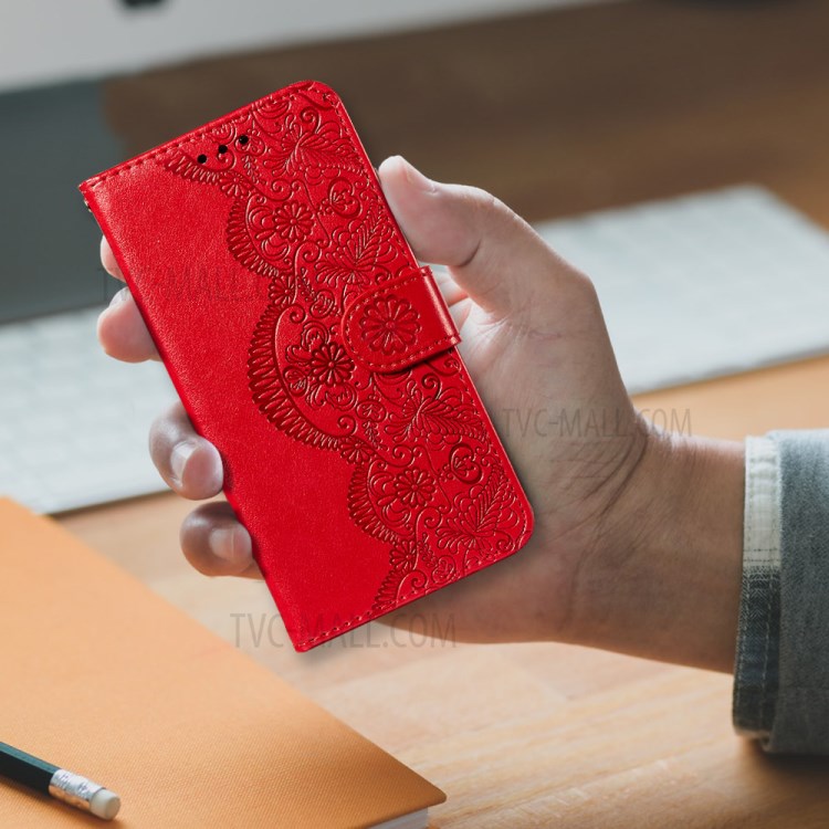 Drop-proof Imprinted Flower Vine Wallet Leather Case with Lanyard for Samsung Galaxy S20 FE/S20 FE 5G - Red-8