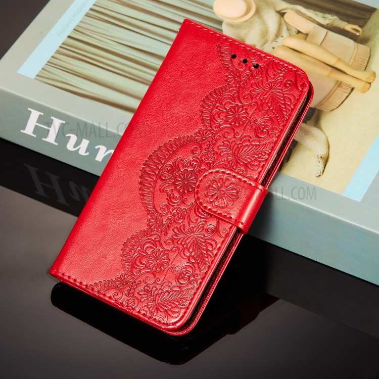 Drop-proof Imprinted Flower Vine Wallet Leather Case with Lanyard for Samsung Galaxy S20 FE/S20 FE 5G - Red-9